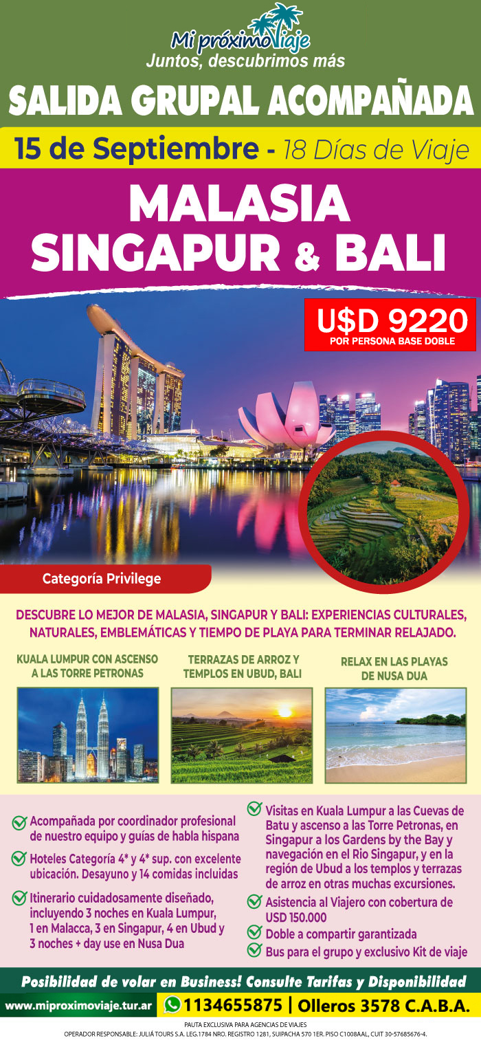 SALIDA GRUPAL MALASIA, SINGAPUR y BALI - 15 DE SEPTIEMBRE !